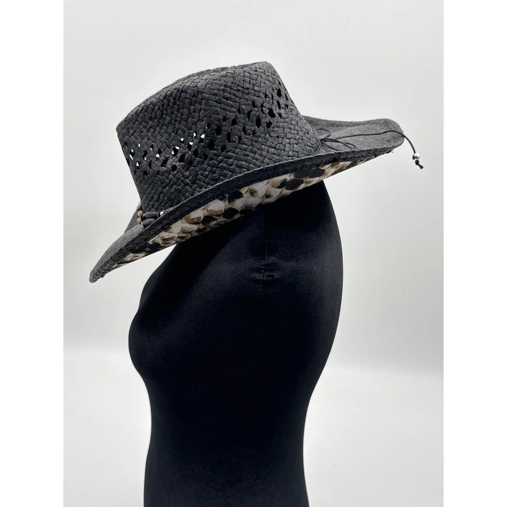 CSI Black Straw Cowboy Hat Snakeskin Print Brim Beaded Band Western Festival OS